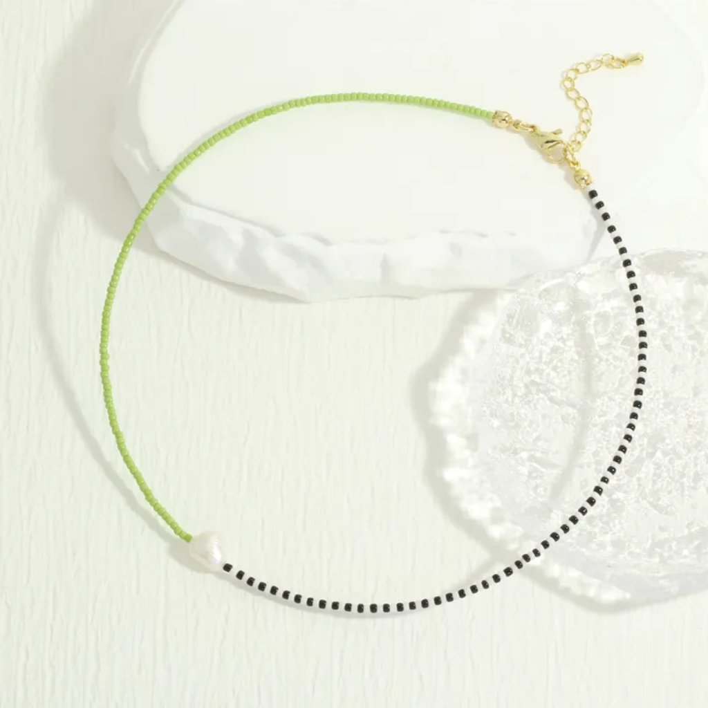 Lime Green Beetlejuice Black & White Pearl Beaded Choker Necklace New